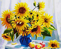 Картина за номерами Соняхи у синій вазі 40х50см картини в цифрах Букет квітів Соняшники Rainbow Art GX8692