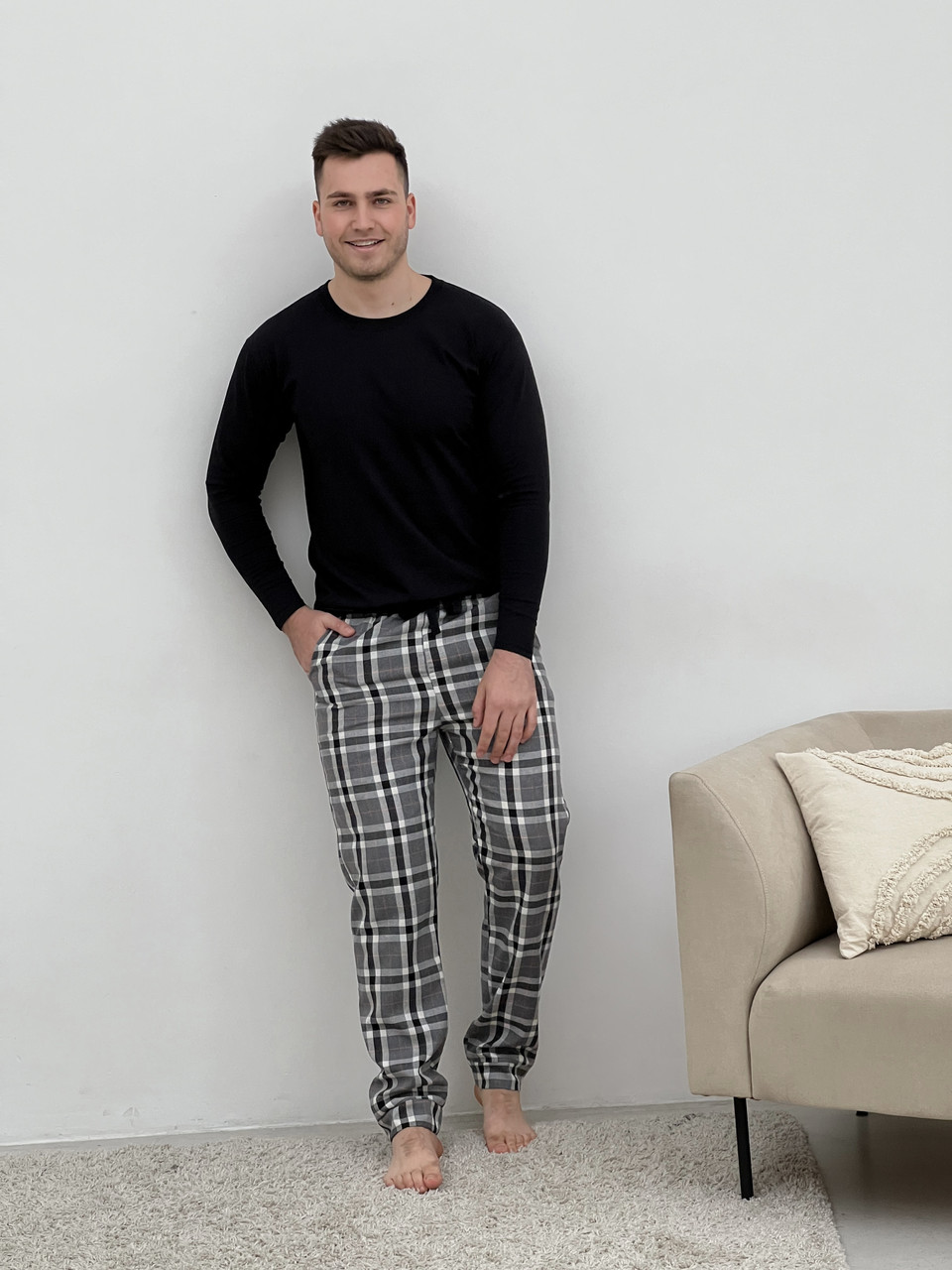 Домашня піжама для чоловіків COSY із фланелі (штани+лонгслів чорний) сірий