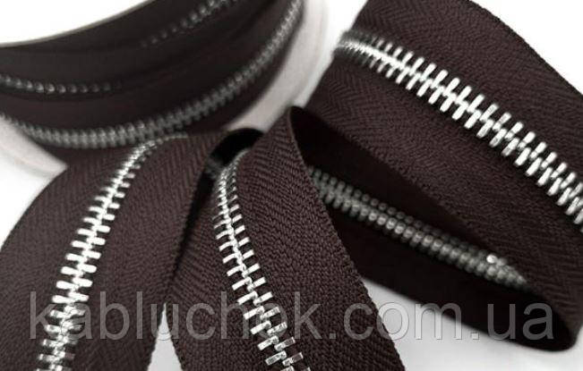 Блискавка No 5 колір коричневий/нікель, металева метрова від 1 м, фото 1