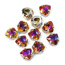 Стрази скло К9 в металевій оправі Трикутник 7 мм Фіолетово-жовтий 4 шт.