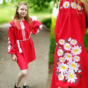 Дитяче вишите плаття на льоні Сара, довгий рукав, з поясом, на дівчинку 116,122,128,134,140,146,152 зріст