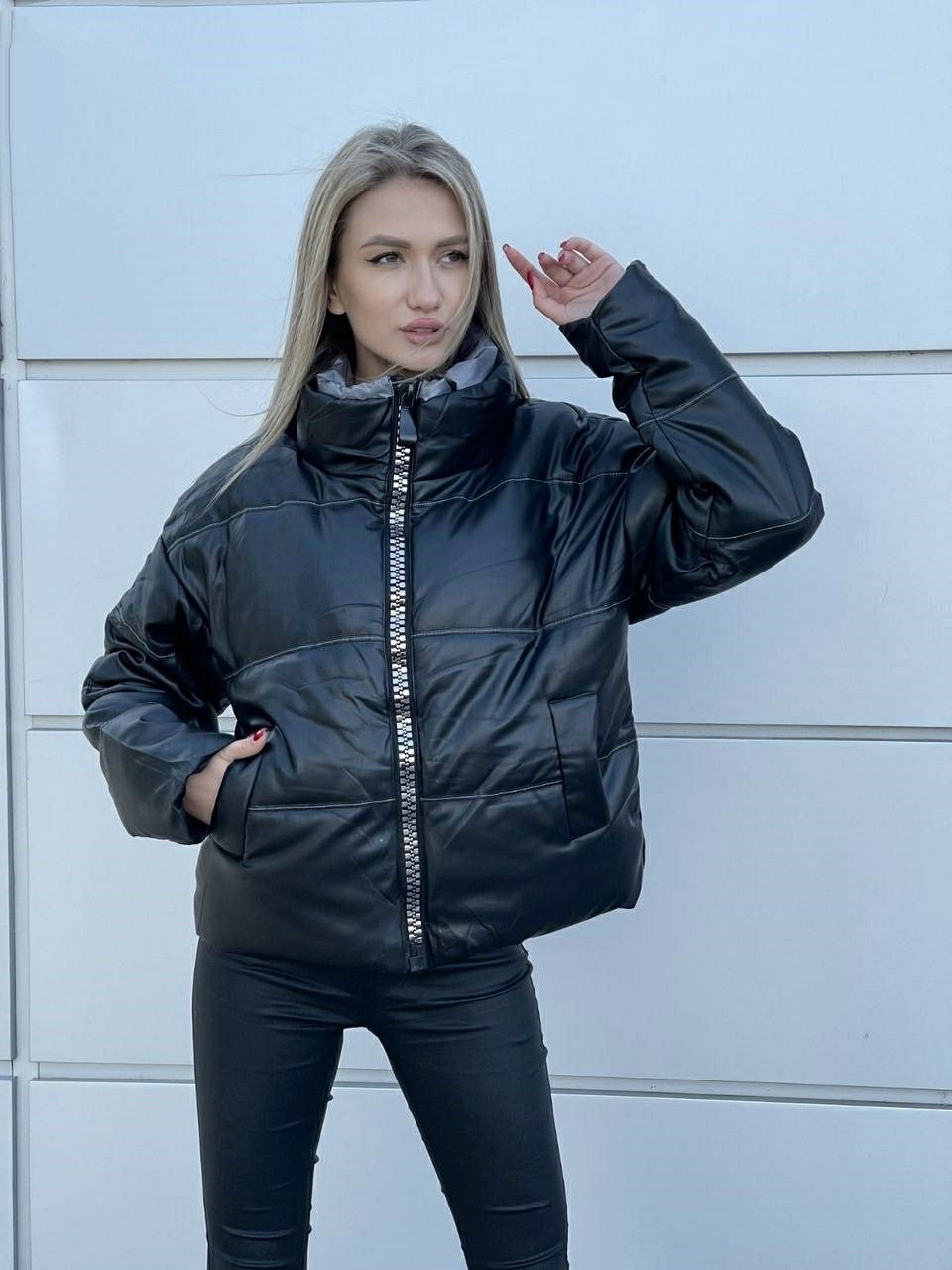 Жіноча шкіряна куртка, пуффер, оверсайз, oversize, єврозима (до 50р.), див.заміри в повному описі товару - фото 1 - id-p1738863601