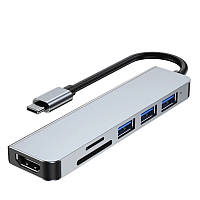 Переходник хаб для ноутбука macbook Hub Type-C HDMI USB 3 2 Micro SD TF + SD Серый BYL-2010N3