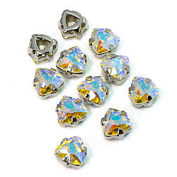 Стрази скло К9 в металевій оправі Трикутник 7 мм Небесне світло 4 шт.