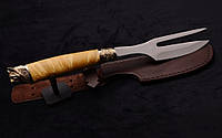 Вилка-нож ручной работы для шашлыка "Рысь" из кленового капа в кожаном чехле