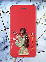 Чехол-книжка с рисунком для Samsung Galaxy A72 (A725) Красный :: Девушка с ласточками (принт 16)