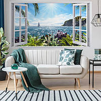 Постер декоративный, Окно с видом на море, для визуального расширения пространства помещения 118 х 212 см без