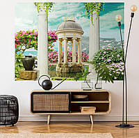 Постер декоративный, Сад с фонтаном, для визуального расширения пространства помещения 118 х 168 см без