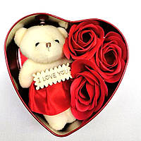 Подарочный набор мыла из роз с плюшевым мишкой Love you Цветы из мыла в коробке в виде сердца Красный skl