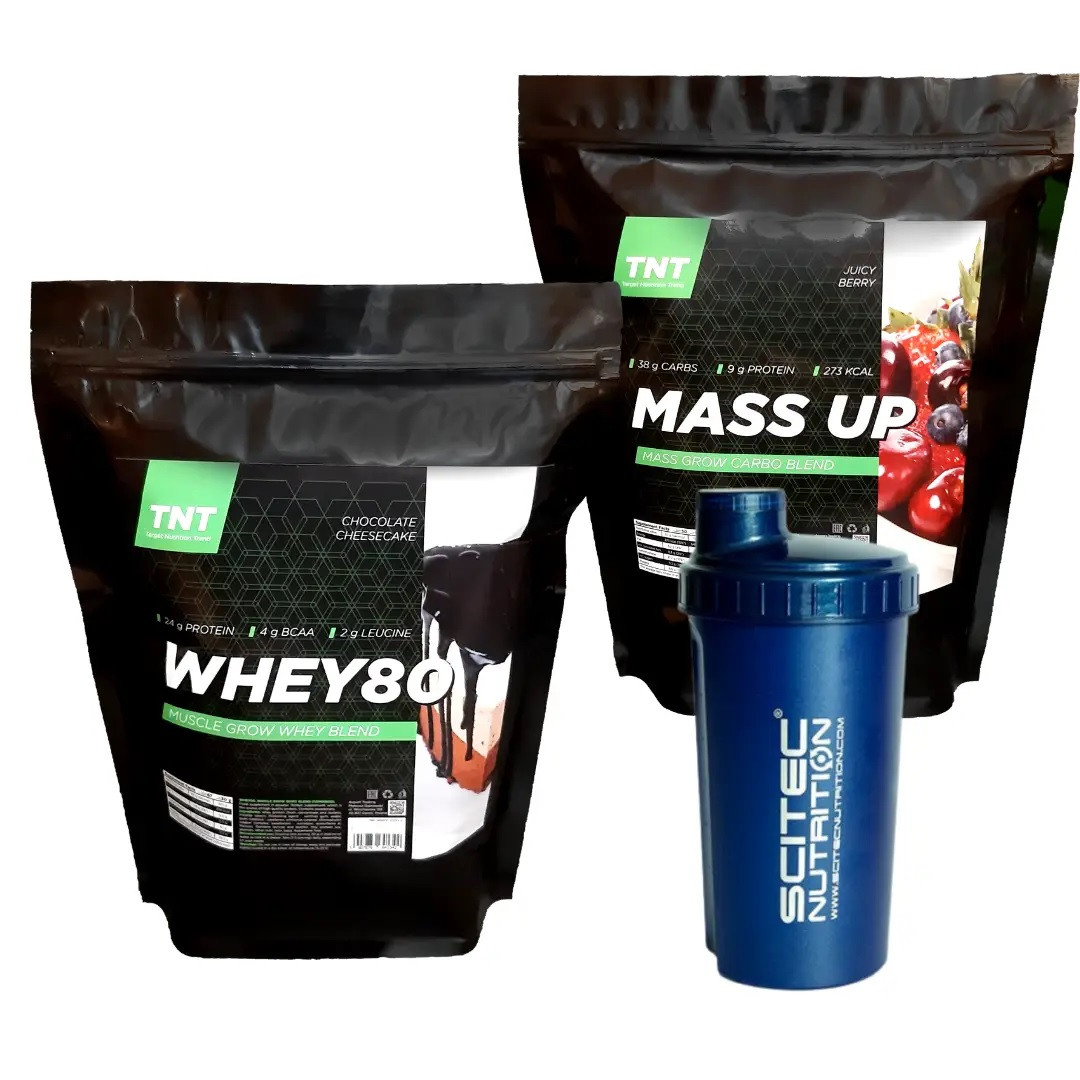 Комплект Протеїн 2 кг смак Альпійський шоколад Гейнер 2,5 кг смак Лісова ягода Шейкер ТМ TNT Nutrition, фото 1