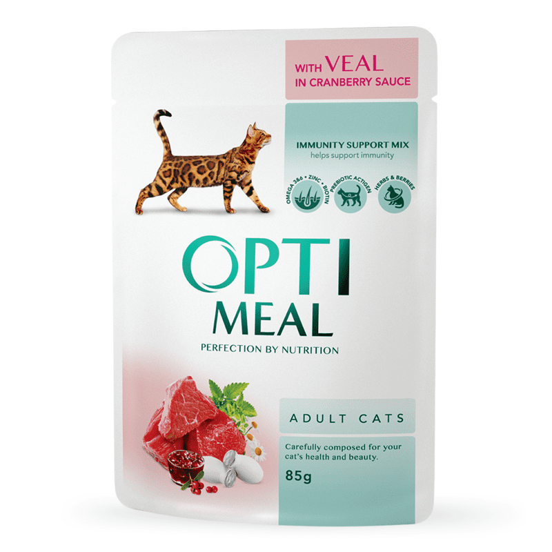 OptiMeal (ОптіМіл) Adult Cats Veal in Cranberry sauce, корм з телятиною у журавлинному соусі, фото 1