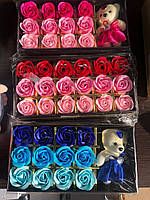 Розы из мыла на подарок, мыльные розы, подарочные наборы мыла из роз с мишкой, сувенирное мыло KU_22