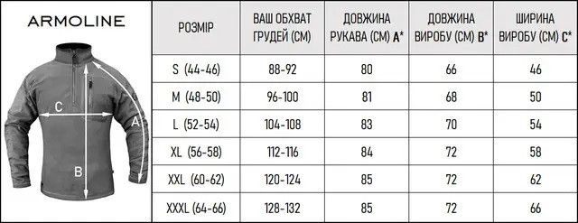 Таблиця розмірів Толстовка флісова 1/4 Zip TRAVEL DEFENCE OLIVE