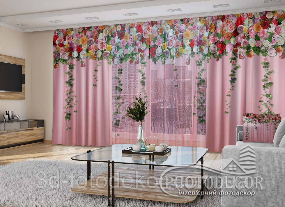 3D - Фото Штори і тюль "Ніжні ламбрекени з квітів" - будь-який розмір. Читаємо опис!, фото 1