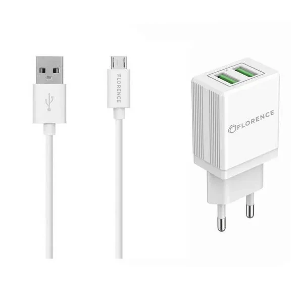 Мережевий зарядний пристрій для телефона Florence FL-1021-WM White (2xUSB 2A + кабель MicroUSB )