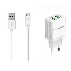 Мережевий зарядний пристрій для телефона Florence FL-1021-WM White (2xUSB 2A + кабель MicroUSB )