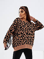 Женский свитер туника мега модный тигровый принт беж свободный оверсайз 42-50|Туника для девушек кошка принт