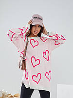 Женский свитер туника малиновый с сердечками свободный удлинённый с разрезами снизу по бокам Турция