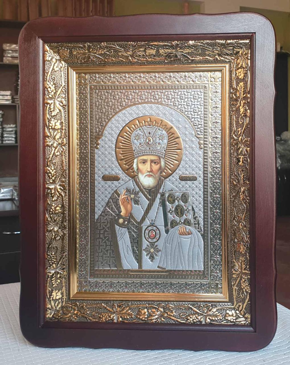 Икона Николая Чудотворца под серебро, киот 32×42см: продажа, купить в ...