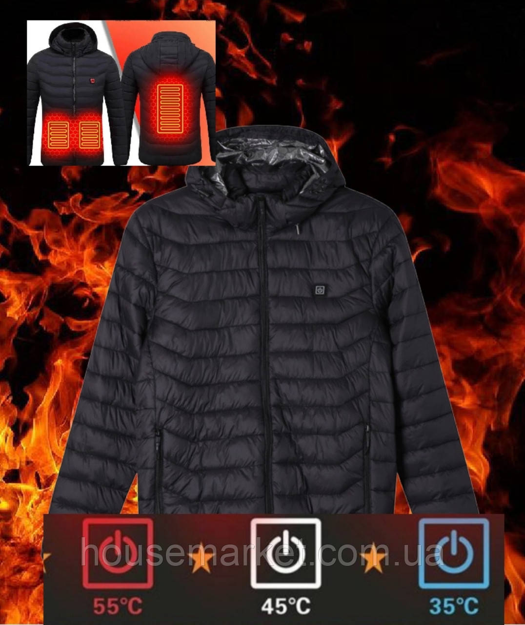 Куртка з підігрівом від PowerBank (USB-кабель) для туризму, гарбилки, реактивного відпочинку розмір S - фото 1 - id-p2026341320