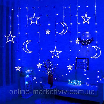 Світлодіодна гірлянда штора Зірка на місяці з пультом 12 предметів, 220V / Новорічна гірлянда