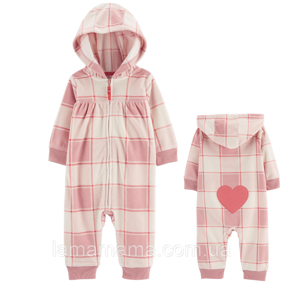Флісовий комбінезон з капюшоном та аплікацією Рожева клітина Картерс 12М (72-78 см, 9.3-11.1 кг), фото 1