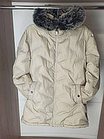 Длинная мужская зимняя бежевая куртка, Мужской теплый пуховик бежевый, Молодежная зимняя куртка