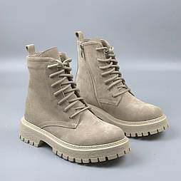 Замшеві бежеві черевики жіночі на хутрі зимове взуття великих розмірів COSMO Shoes New Kate Beige Vel BS