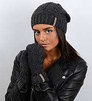 Зимний вязаний женский комплект шапка перчатки теплый на флисе Темно-серый