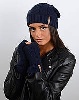 Зимний вязаний женский комплект шапка перчатки теплый на флисе Темно-синий
