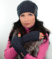 Зимний вязаний женский комплект шапка перчатки теплый на флисе Джинс