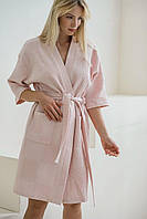 Женский халат кимано вафельный натуральный для дому и ванны нежно розовый
