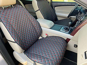 Накидки для авто з перфорованої екошкіри, чорні з червоною ниткою, преміум, 2 передніх