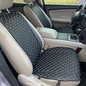 Накидки для авто з перфорованої екошкіри, чорні з білою ниткою, преміум, передній комплект