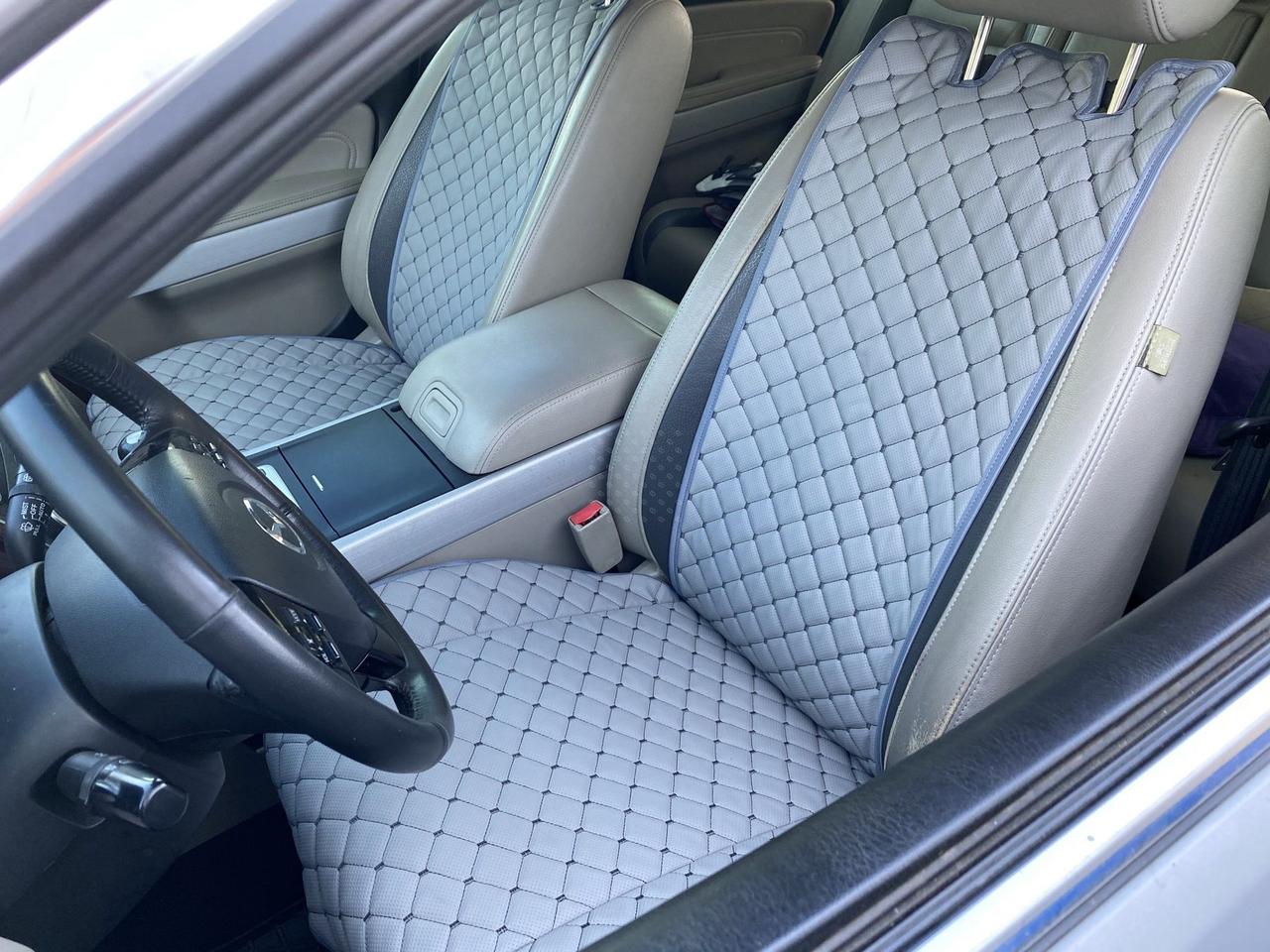 Накидки для авто з перфорованої екошкіри, Світло-сірі з сірим рядком, Преміум, Передній комплект, фото 1