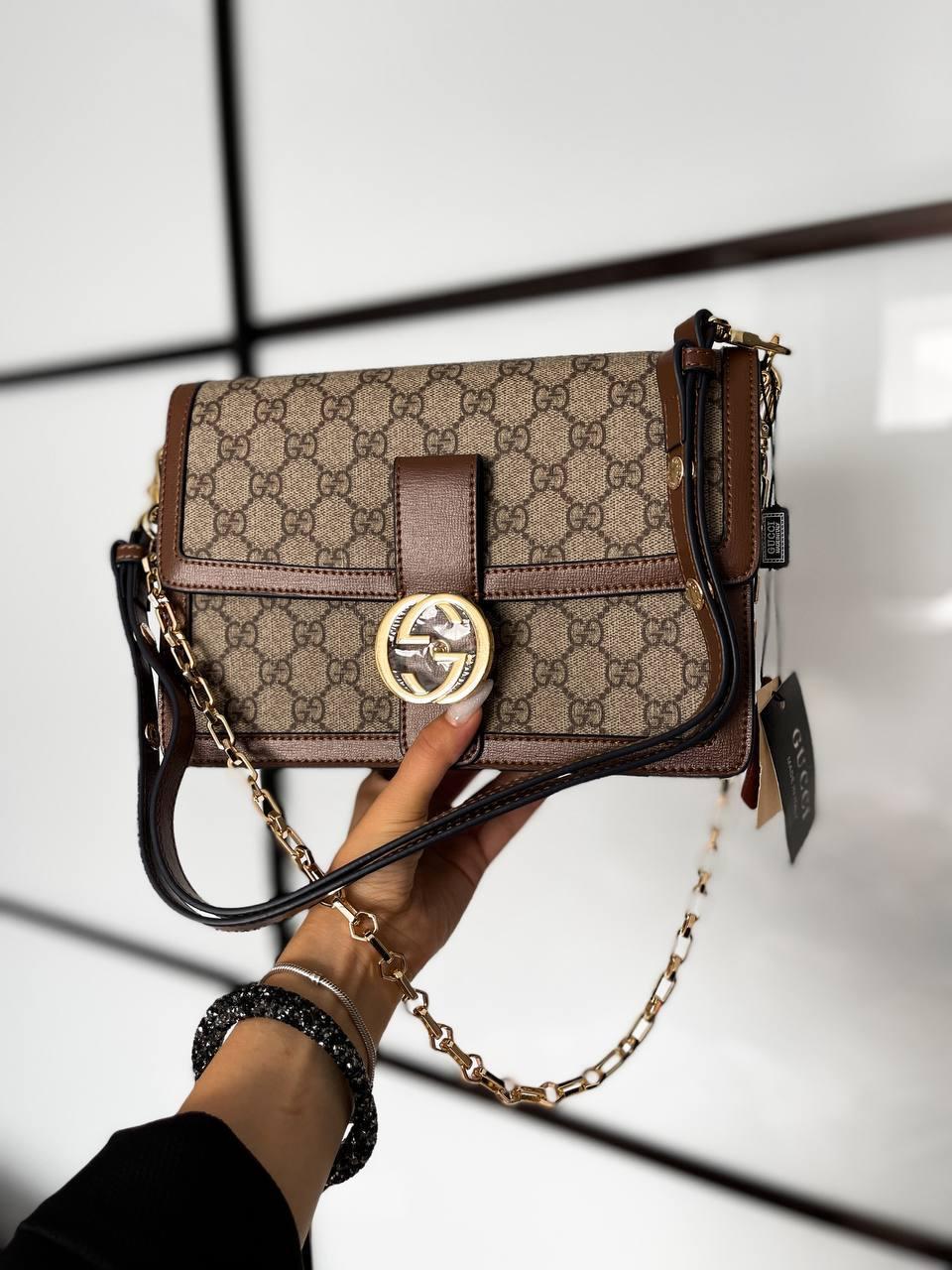 Жіноча сумка Gucci люкс шкіряна сумка Гуччі на ланцюжку шкіра з візерунком GG з бирками документи