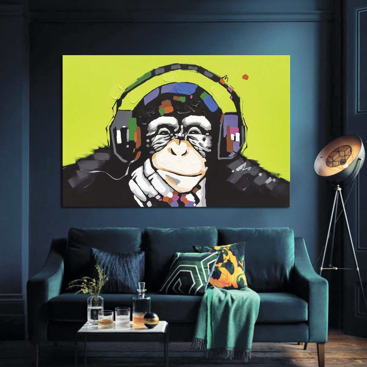 Сучасна картина для інтер'єру Мавпа у навушниках. Графіті. Яскраві фарби.