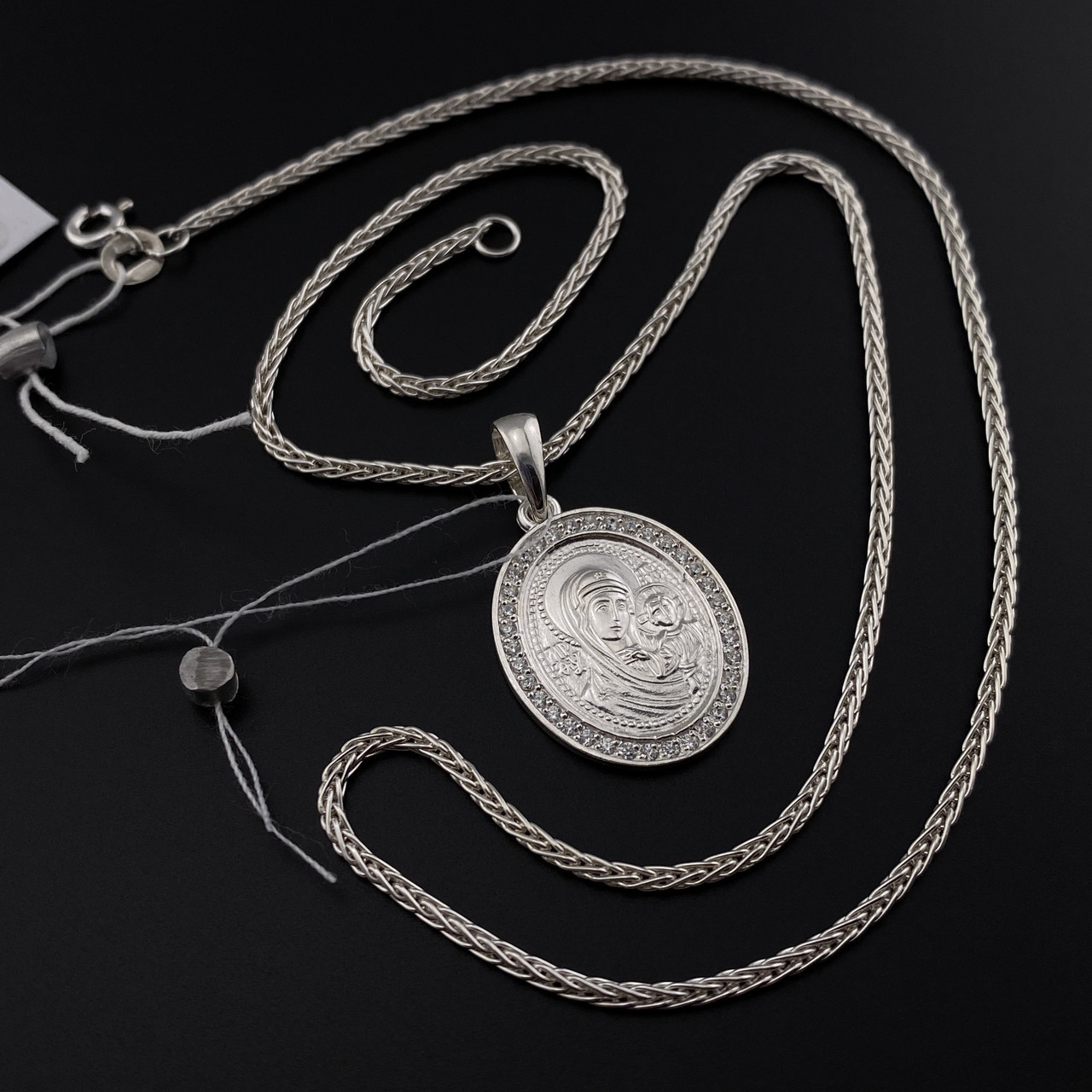 Жіночий срібний ланцюжок і ладанка божа мати. Цепочка на шию жіноча "Колосок" 925 проби та іконка 55 см, фото 1