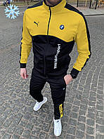 Мужской зимний спортивный костюм PUMA BMW motorsport утепленный на флисе, штаны+кофта желтого цвета.