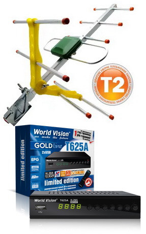 Тюнер Т2 World Vision T625A + антена ES-003 з підсилювачем + універсальний пульт, фото 1