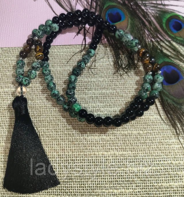 четки с цоизитом, черным ониксом и тигровым глазом от студии LadyStyle.Biz купить мужской женский перстень с натуральным изумрудом