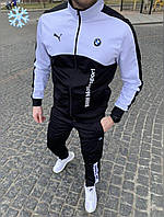 Мужской зимний спортивный костюм PUMA BMW motorsport утепленный на флисе, штаны+кофта черно-белая.