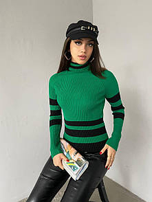 Жіночий зелений светр-гольф під горло в рубчик