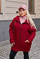 Женская бордовая стильная куртка из барашка на молнии с капюшоном большие размеры