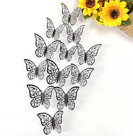 Декоративні метелики сірі мереживні, на скотчі, в наборі 12штук різних розмірів, пластик