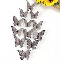 Декоративні метелики сірі, на скотчі, в наборі 12штук різних розмірів, пластик