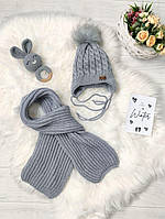 Комплект для новонародженого шапочка та шарфик на флісі із зав'язочками та бубоном на вік 0-1 рік, 1-3 роки