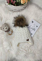 Зимова шапочка для новонародженого на флісі із зав'язочками та бубоном на вік 0-1 рік, 1-3 роки