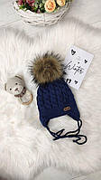 Зимняя шапочка для новорожденного на флисе с завязочками и бубоном на возраст 0-1 год, 1-3 года