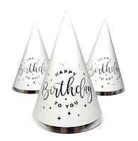 Ковпачки святкові "Happy birthday!" з сріблом - білі, 10 штук